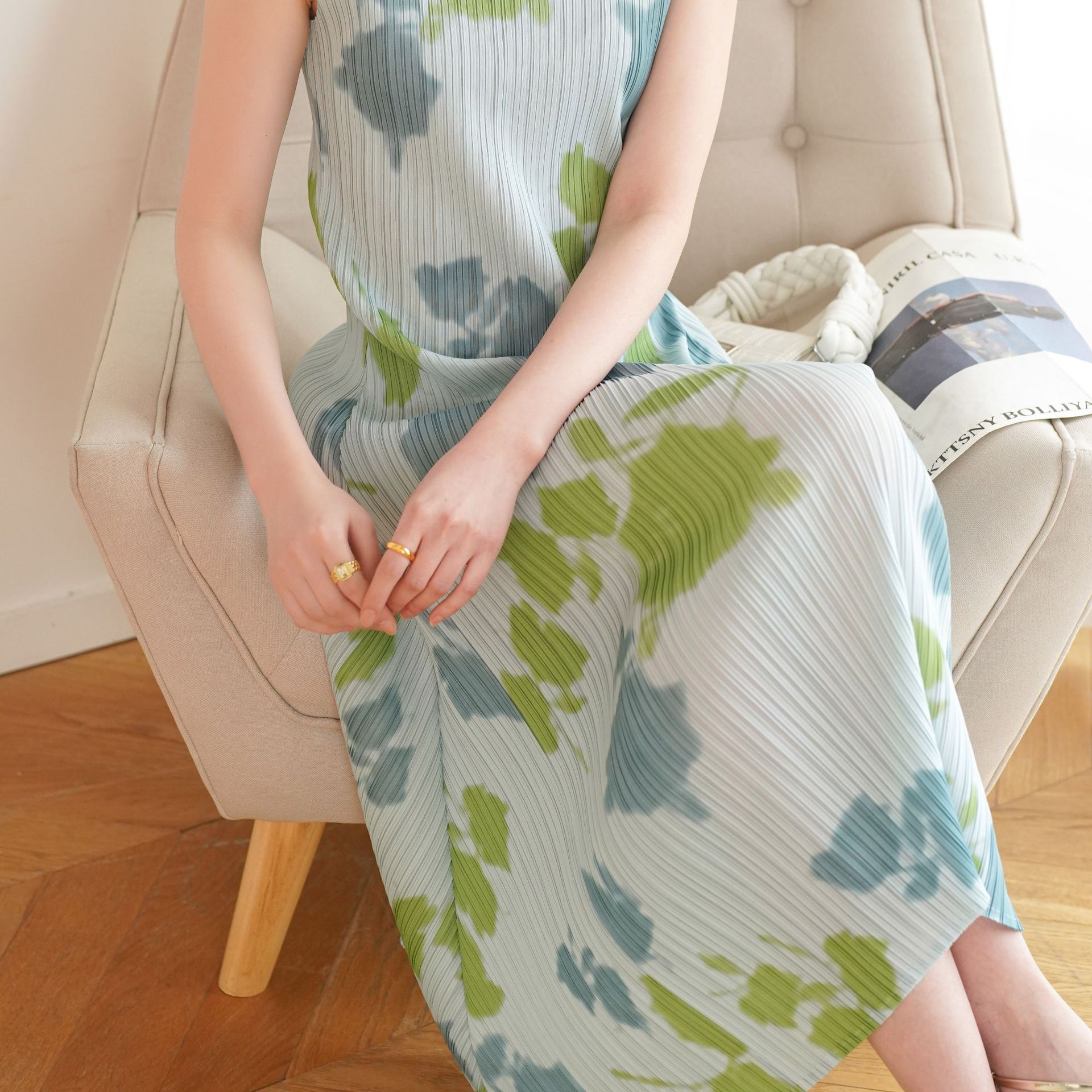 夏季印花褶皺休閒吊帶連衣裙（7色）