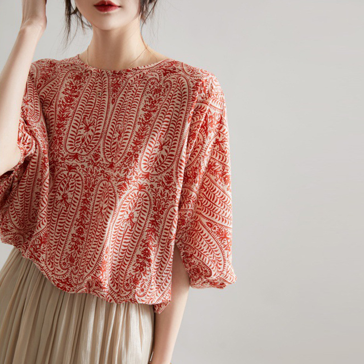 夏季清爽桑蠶絲蝙蝠袖蝴蝶結襯衫