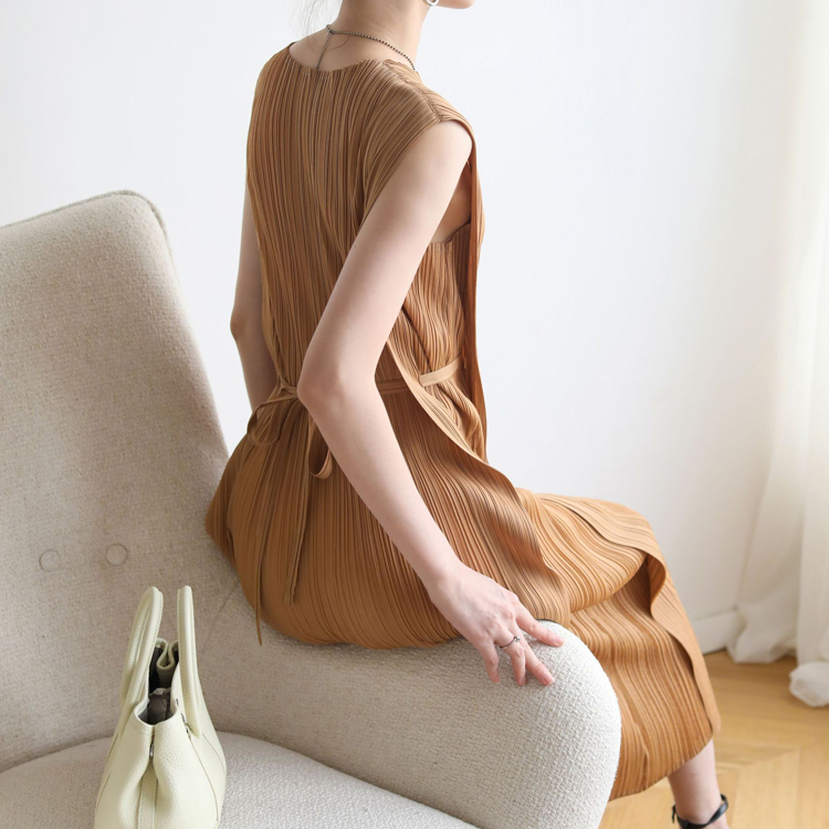 褶皺中長款氣質繫帶連衣裙（7色）