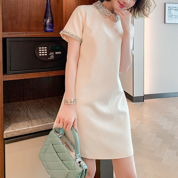 小香風氣質釘珠鑲鑽娃娃領連身裙