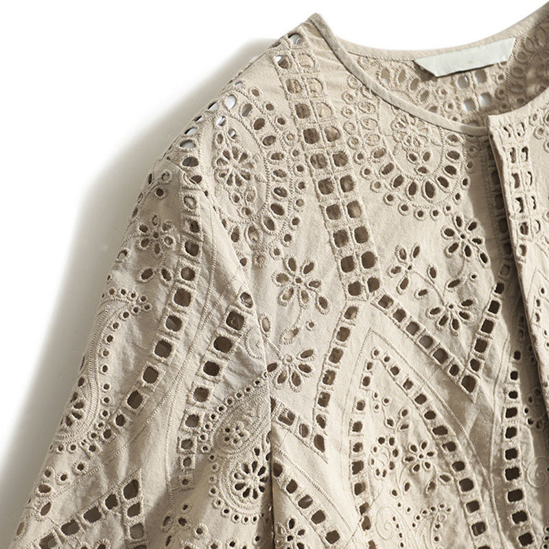 棉鏤空窗格繡花廓形襯衫