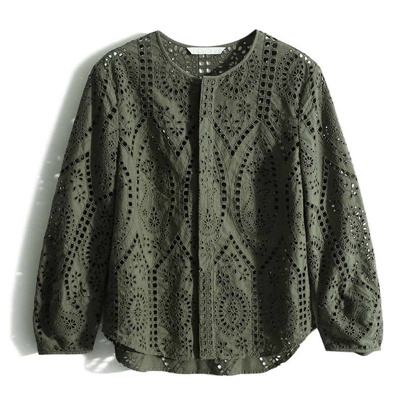 棉鏤空窗格繡花廓形襯衫