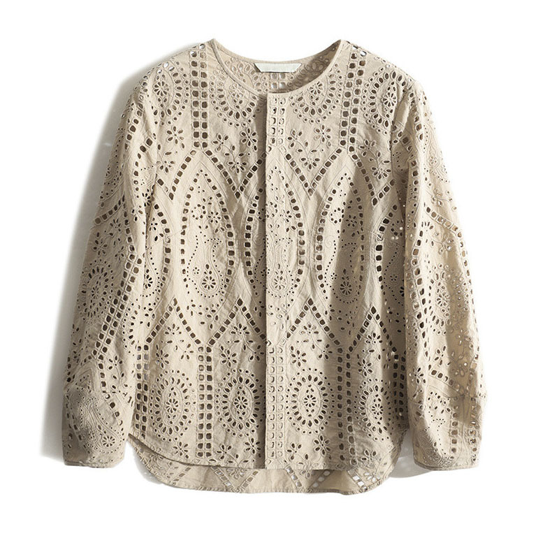 棉鏤空窗格繡花廓形襯衫