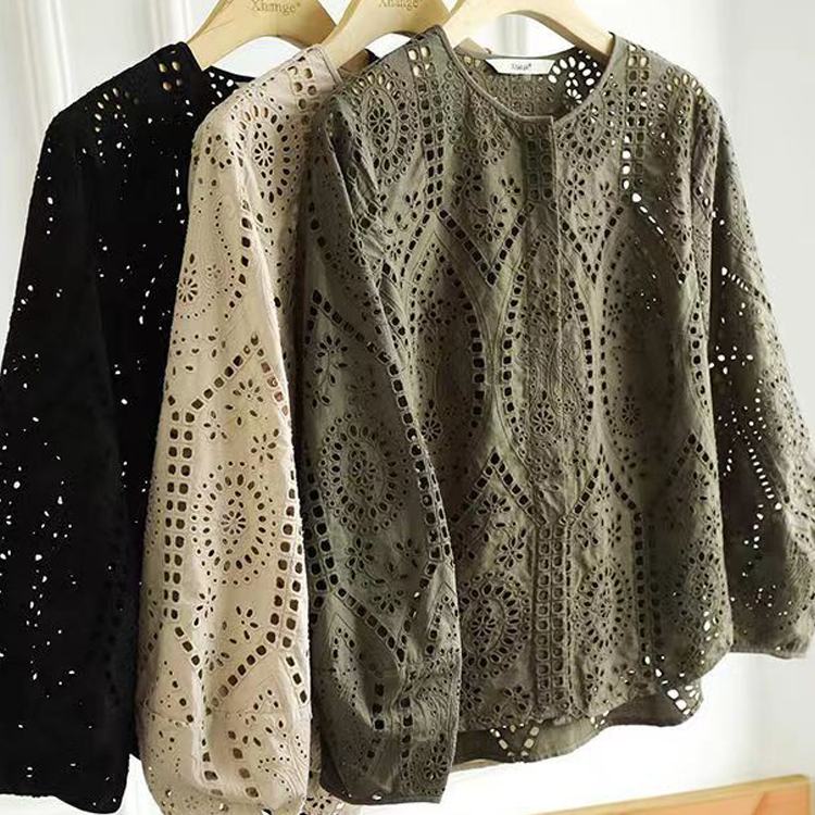 棉鏤空窗格繡花廓形襯衫