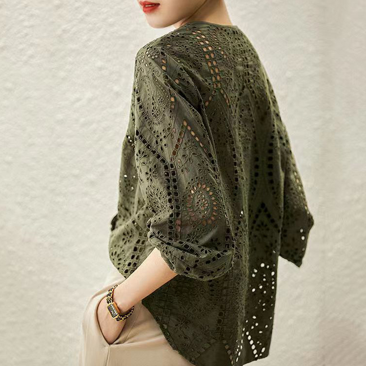 棉鏤空窗格繡花廓形襯衫