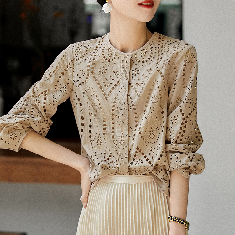 棉鏤空窗格繡花廓形襯衫