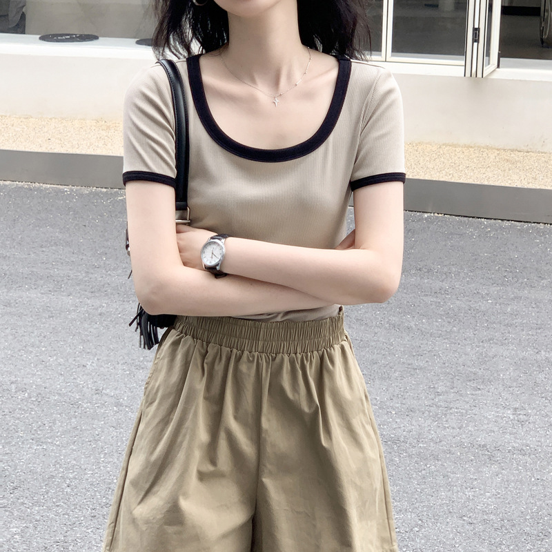 時尚高腰撞色U領百搭短袖