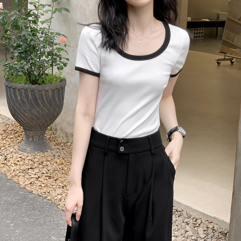 時尚高腰撞色U領百搭短袖