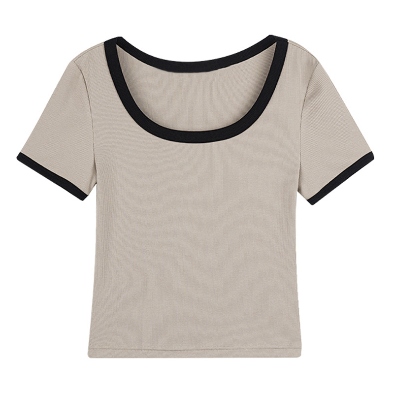 時尚高腰撞色U領百搭短袖