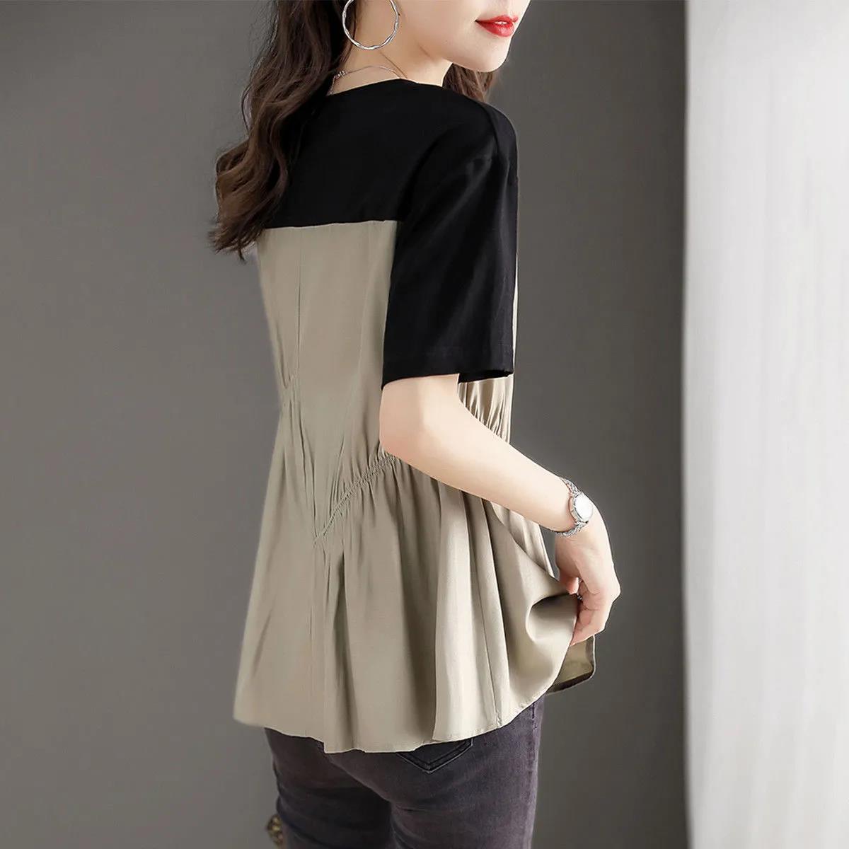 氣質休閒寬鬆圓領韓版撞色拼接上衣