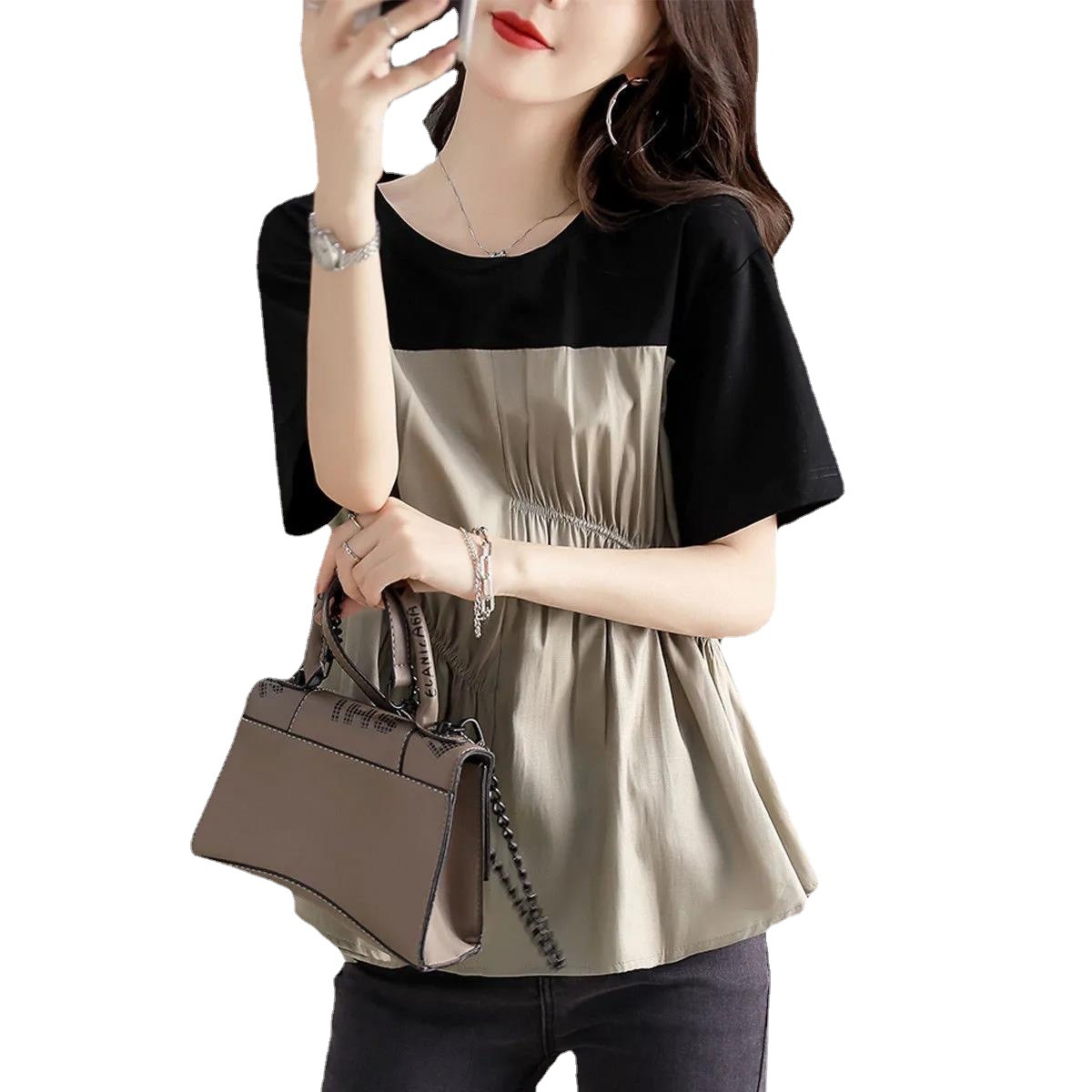 氣質休閒寬鬆圓領韓版撞色拼接上衣