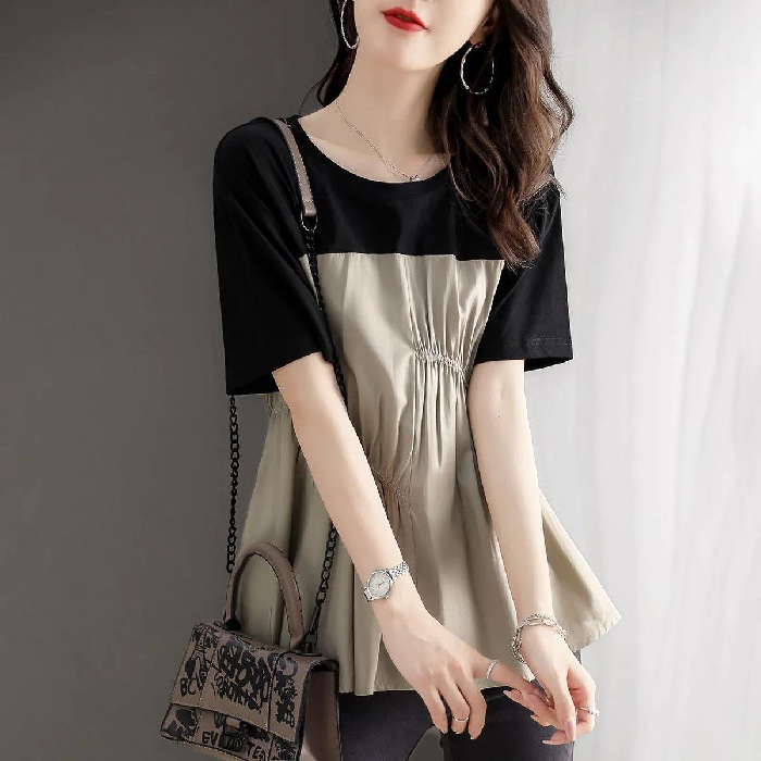 氣質休閒寬鬆圓領韓版撞色拼接上衣