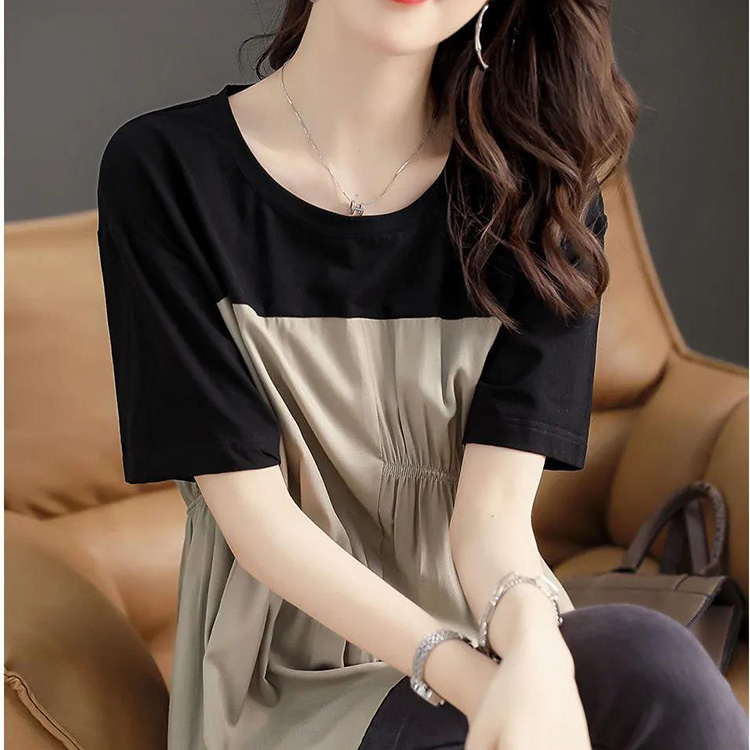 氣質休閒寬鬆圓領韓版撞色拼接上衣