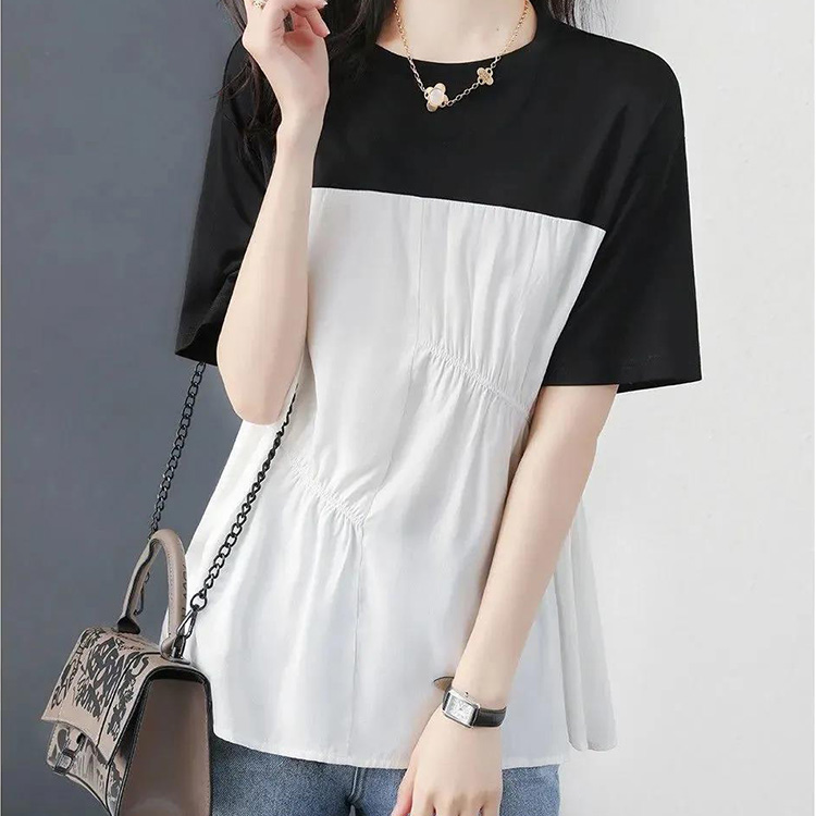 氣質休閒寬鬆圓領韓版撞色拼接上衣