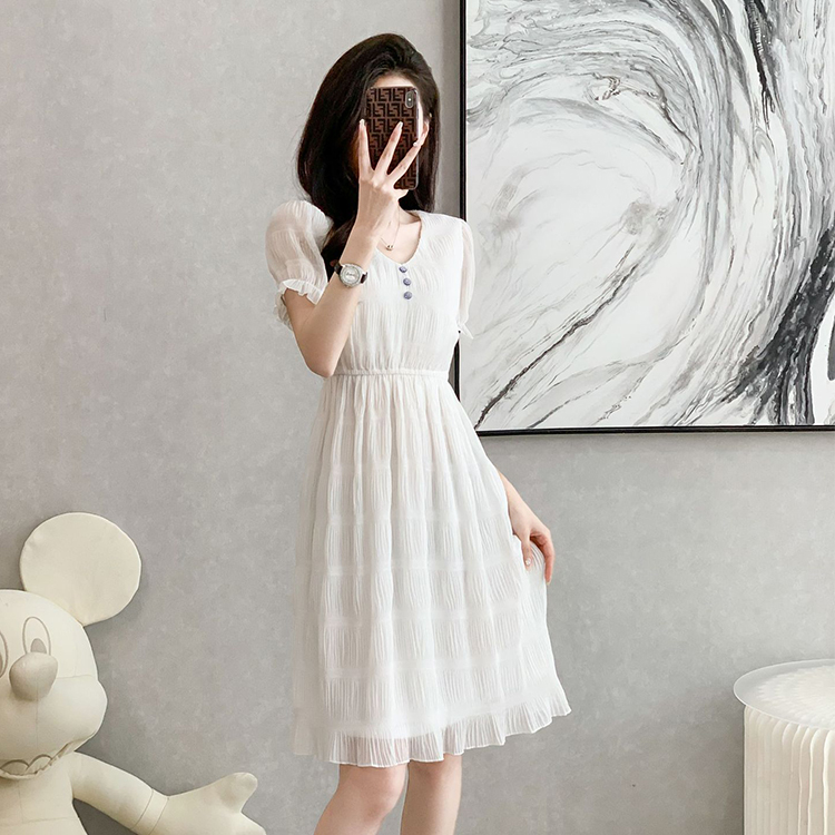 純色雪紡氣質百褶連衣裙