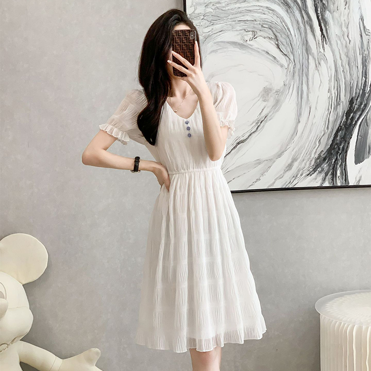純色雪紡氣質百褶連衣裙