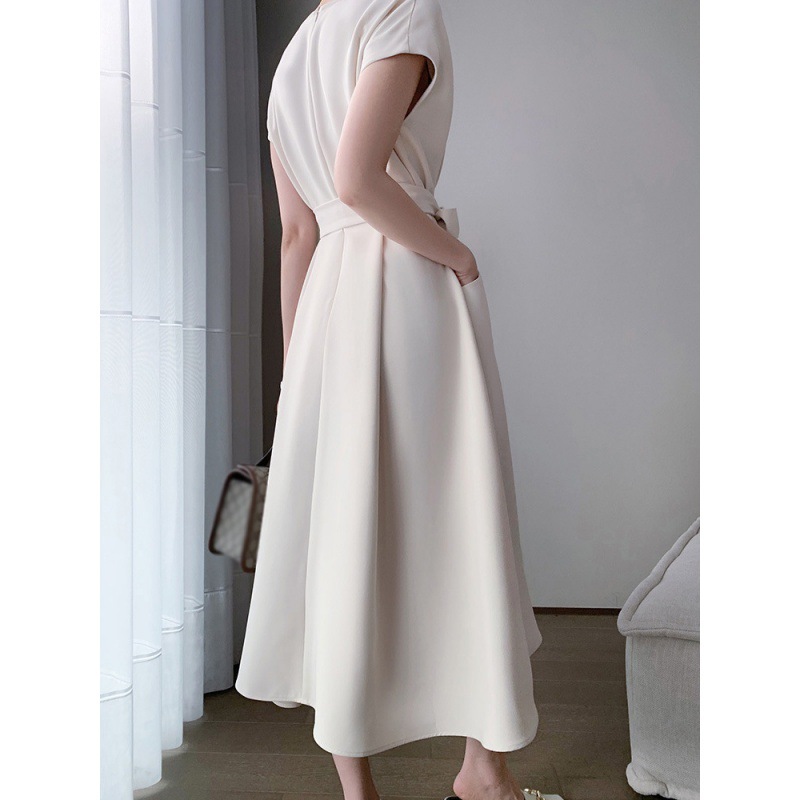 綁帶V領法式高腰顯瘦短袖連衣裙