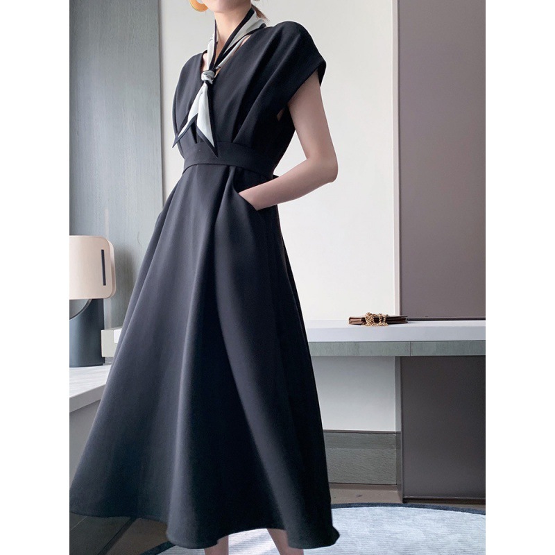 綁帶V領法式高腰顯瘦短袖連衣裙