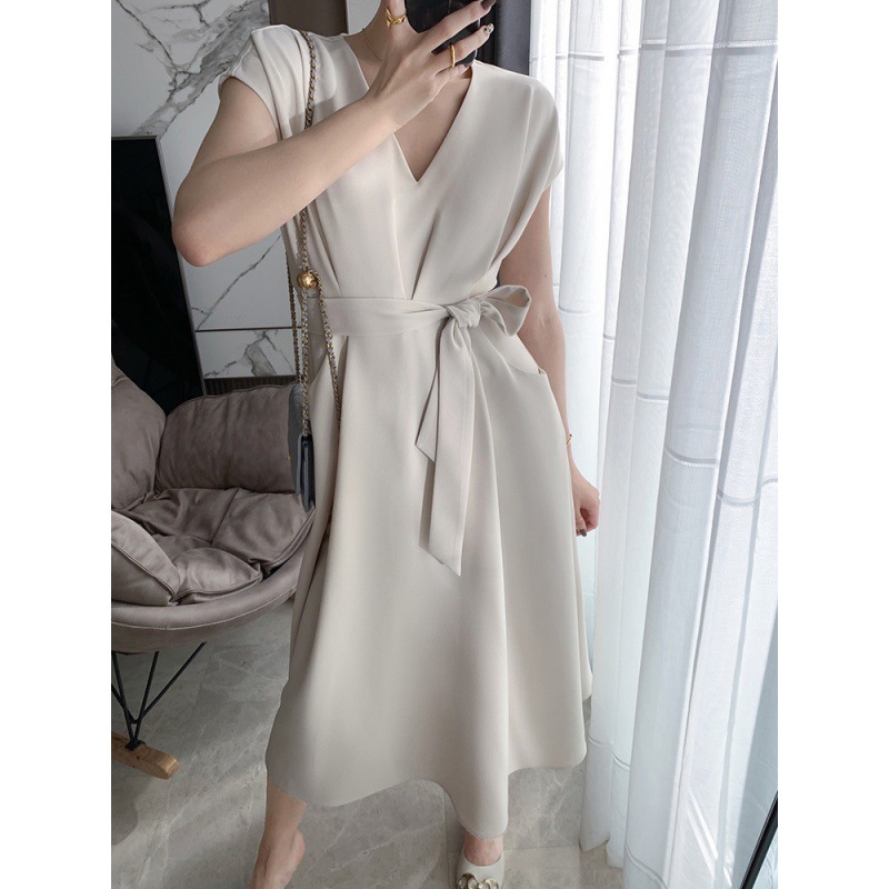 綁帶V領法式高腰顯瘦短袖連衣裙