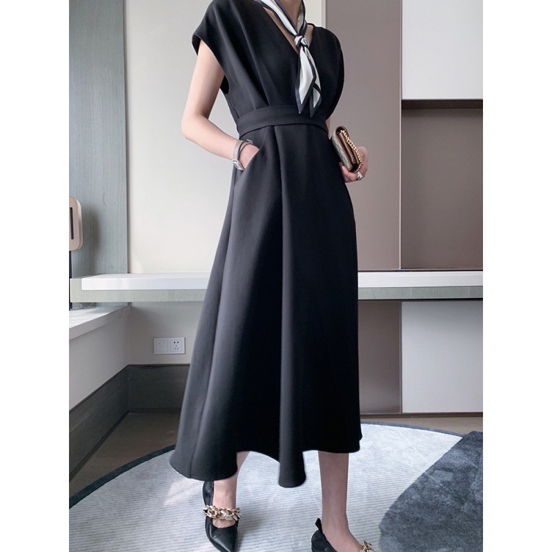 綁帶V領法式高腰顯瘦短袖連衣裙