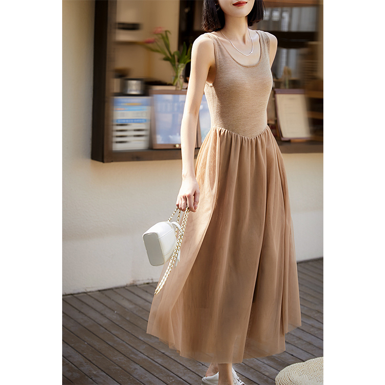 仙氣飄逸蓬蓬網紗吊帶針織連衣裙