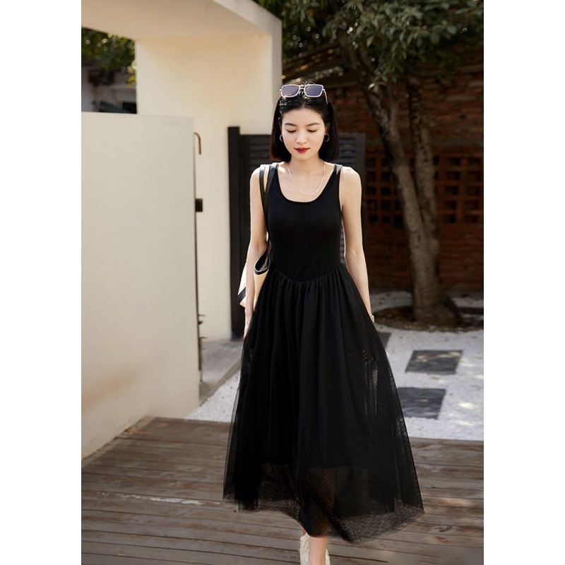 仙氣飄逸蓬蓬網紗吊帶針織連衣裙