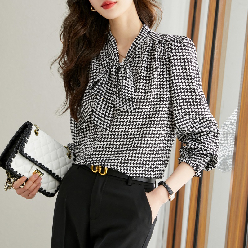 千鳥格蝴蝶結飄帶襯衫