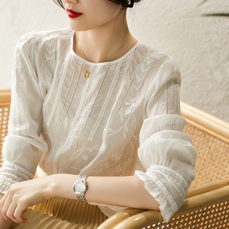 法式高級感氣質鏤空繡花苧麻小上衣襯衫