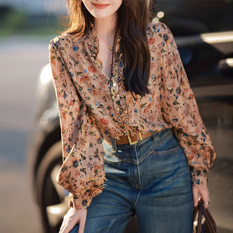 仿真絲印花長袖氣質休閒上衣