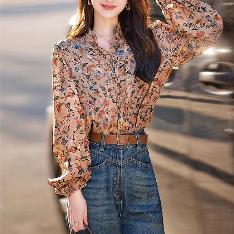 仿真絲印花長袖氣質休閒上衣