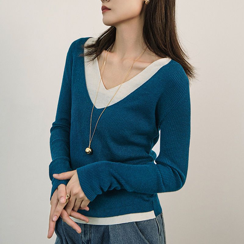 法式設計感氣質V領假兩件針織衫