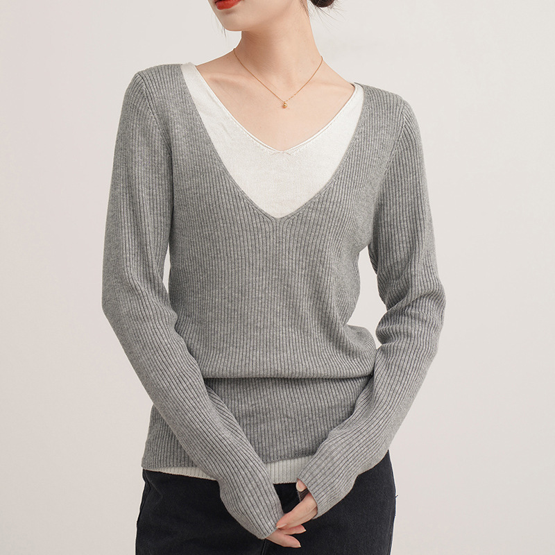 法式設計感氣質V領假兩件針織衫