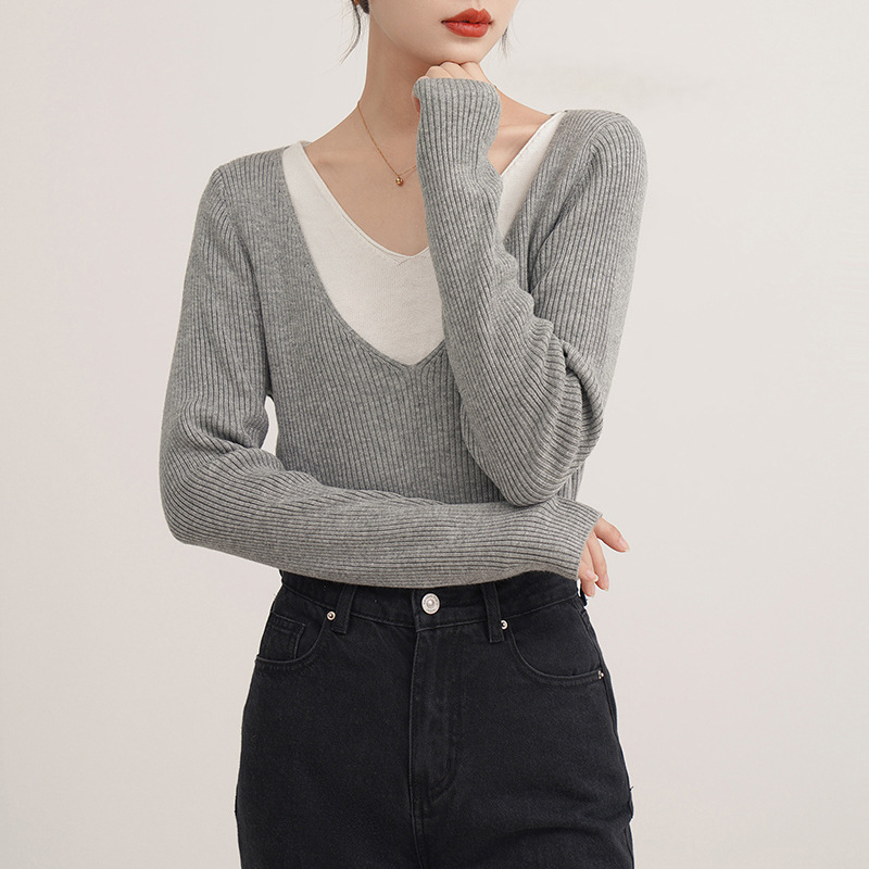 法式設計感氣質V領假兩件針織衫