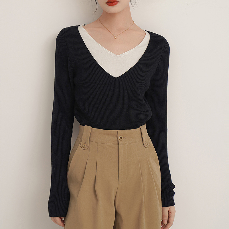 法式設計感氣質V領假兩件針織衫