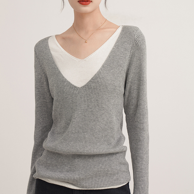 法式設計感氣質V領假兩件針織衫