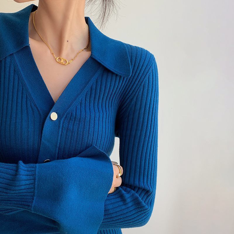 百搭設計感polo領喇叭袖長袖打底上衣