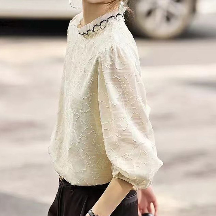 提花立領燈籠袖法式編織蕾絲襯衫