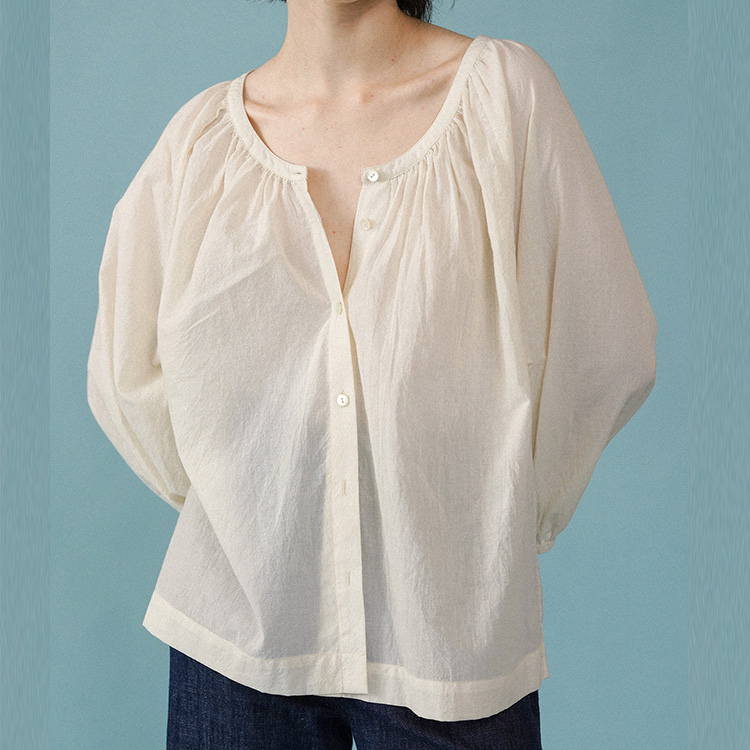 麻棉兩色領圈抽褶休閒氣質襯衫