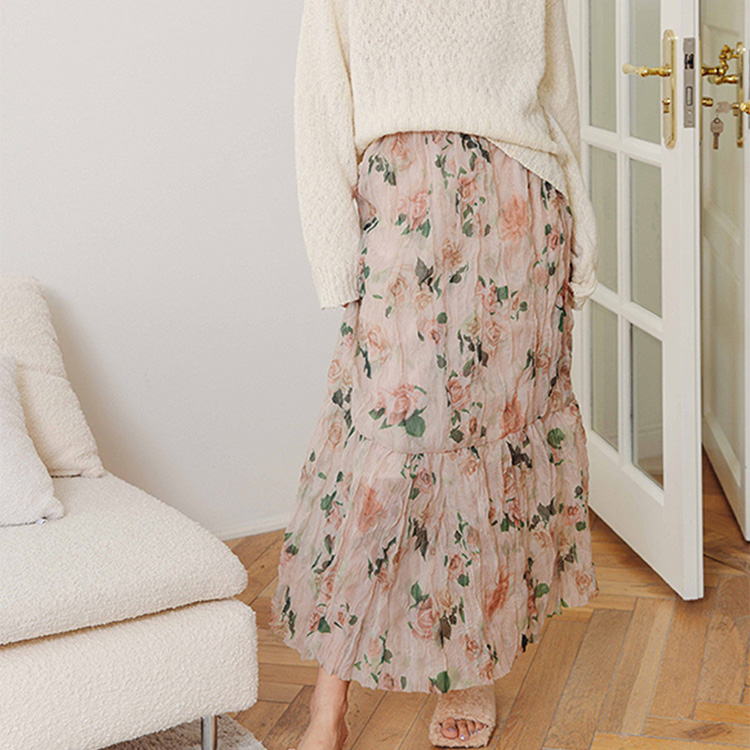 美麗玫瑰印花不規則壓褶歐根紗半身裙