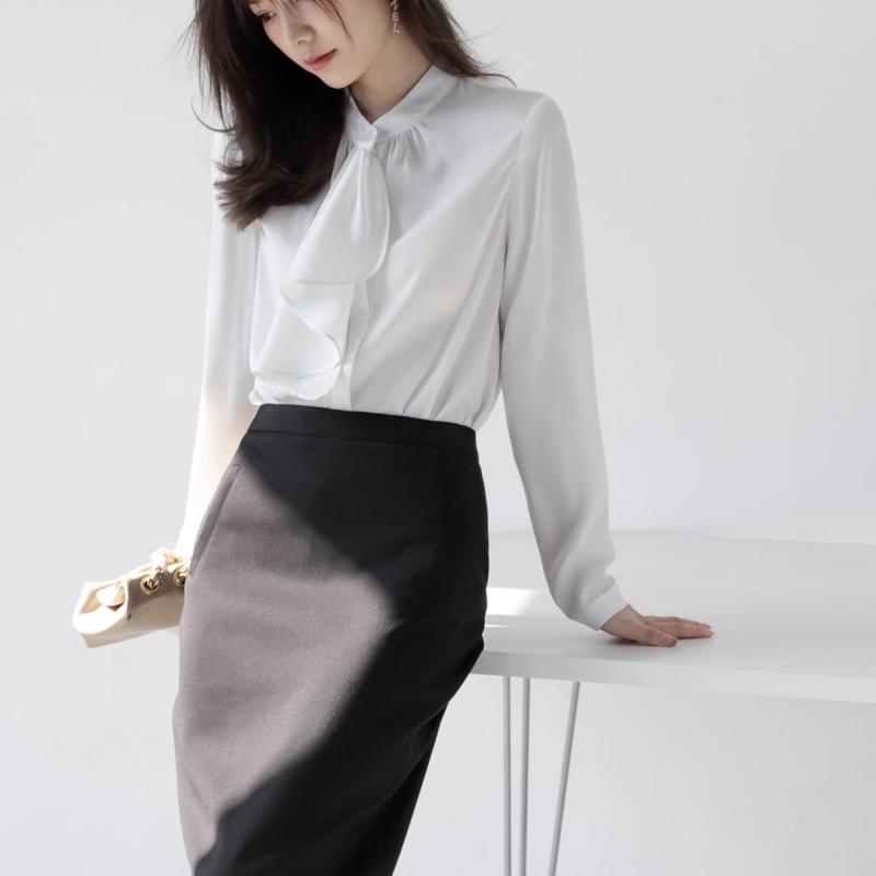 簡約優雅設計褶皺紋飄帶領結長袖襯衫