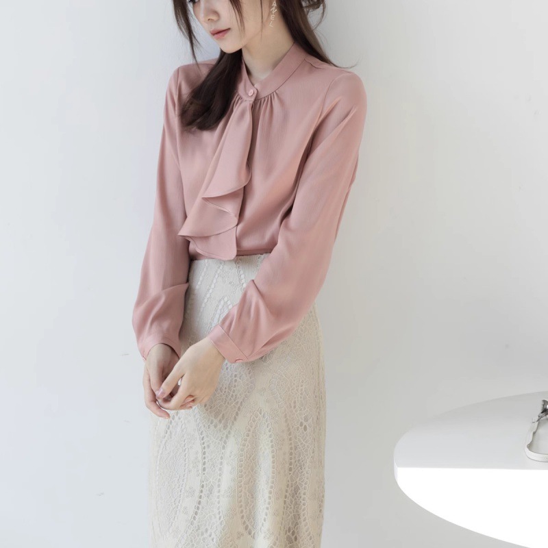 簡約優雅設計褶皺紋飄帶領結長袖襯衫