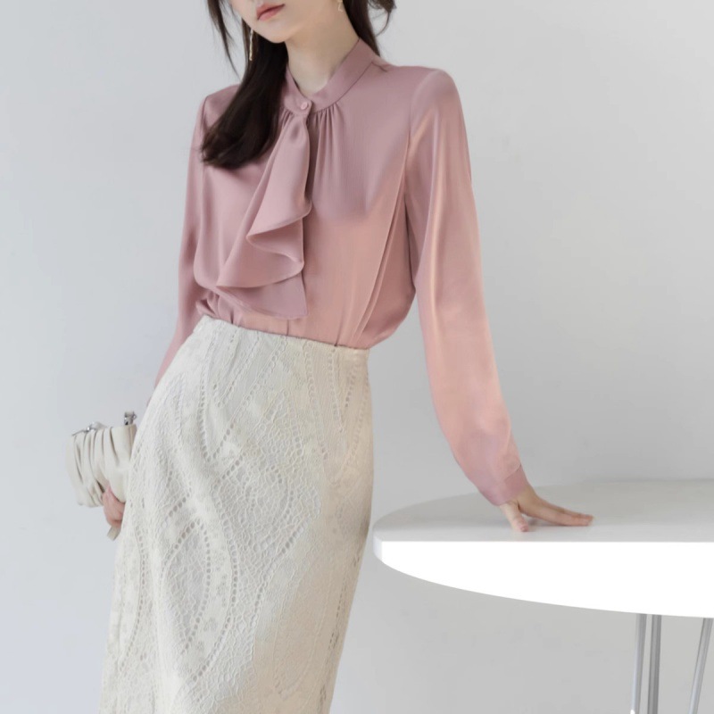 簡約優雅設計褶皺紋飄帶領結長袖襯衫