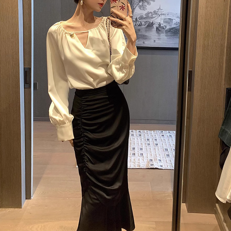 法式緞面長袖襯衫