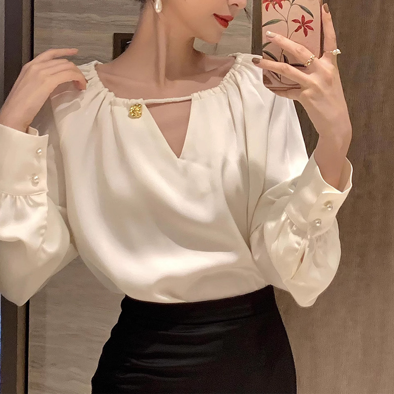 法式緞面長袖襯衫