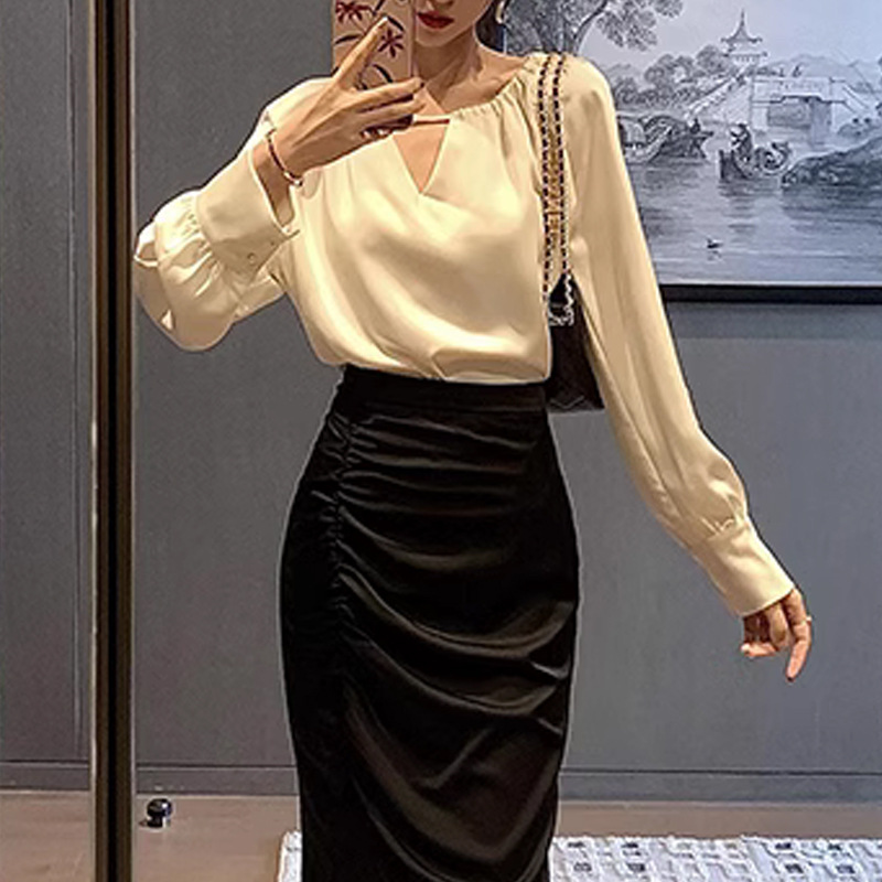 法式緞面長袖襯衫