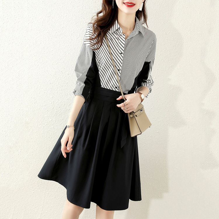 設計感收腰繫帶拼接氣質連身裙