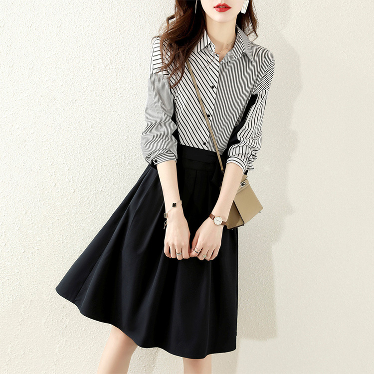 設計感收腰繫帶拼接氣質連身裙