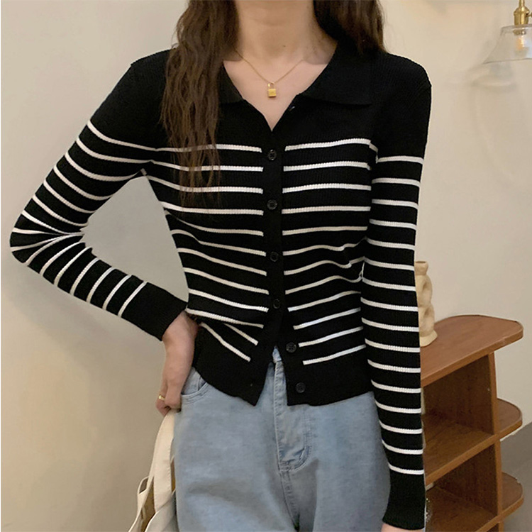 文藝復古拼色條紋韓系潮流針織開襟衫