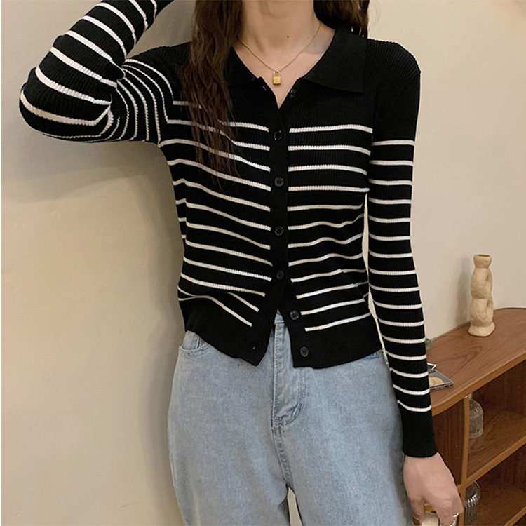 文藝復古拼色條紋韓系潮流針織開襟衫