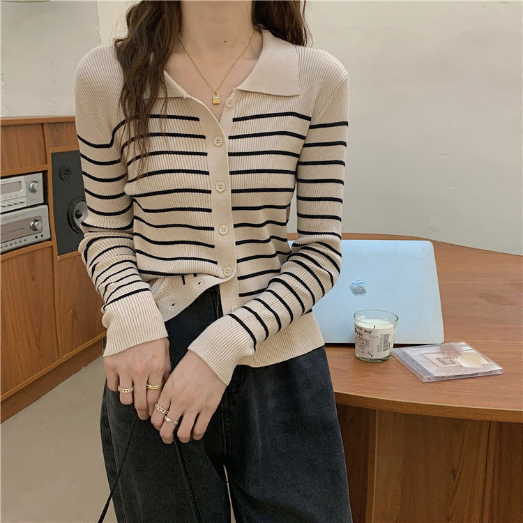 文藝復古拼色條紋韓系潮流針織開襟衫